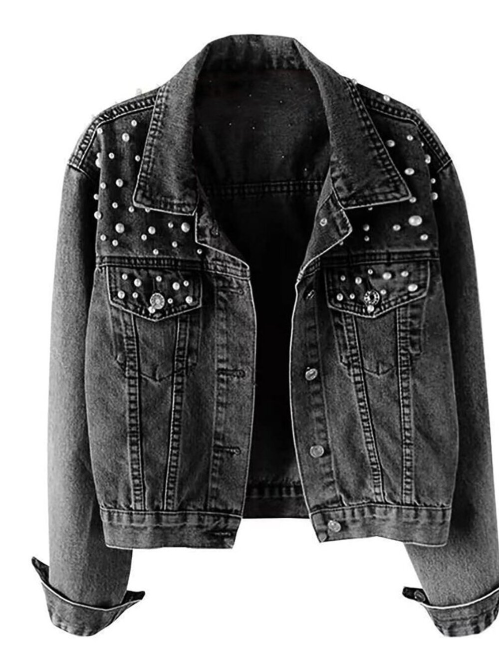 Women Loose Embroidered Pearls Beading Cropped Denim Jacket Jean Coat